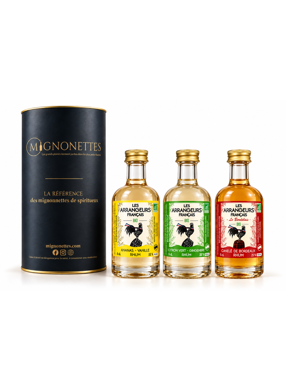 Coffret trio Les Arrangeurs Français : 3 mignonettes arrangées au rhum, 5 cl chacune. Citron vert gingembre, ... Mignonettes
