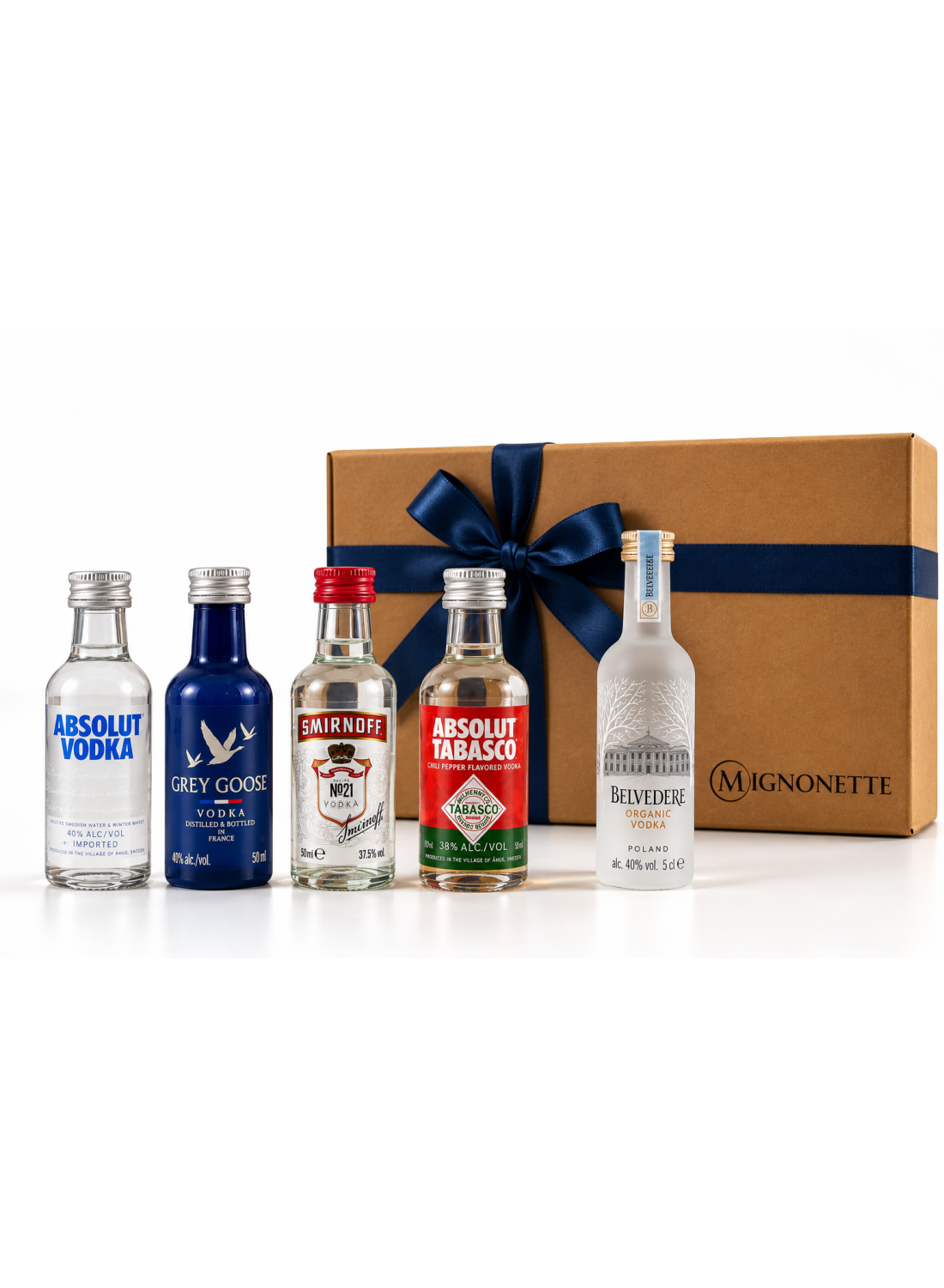 Coffret 5 mignonettes de vodka Absolut, Absolut Tabasco, Grey Goose, Belvedere et Smirnoff 5 cl | Mignonettes